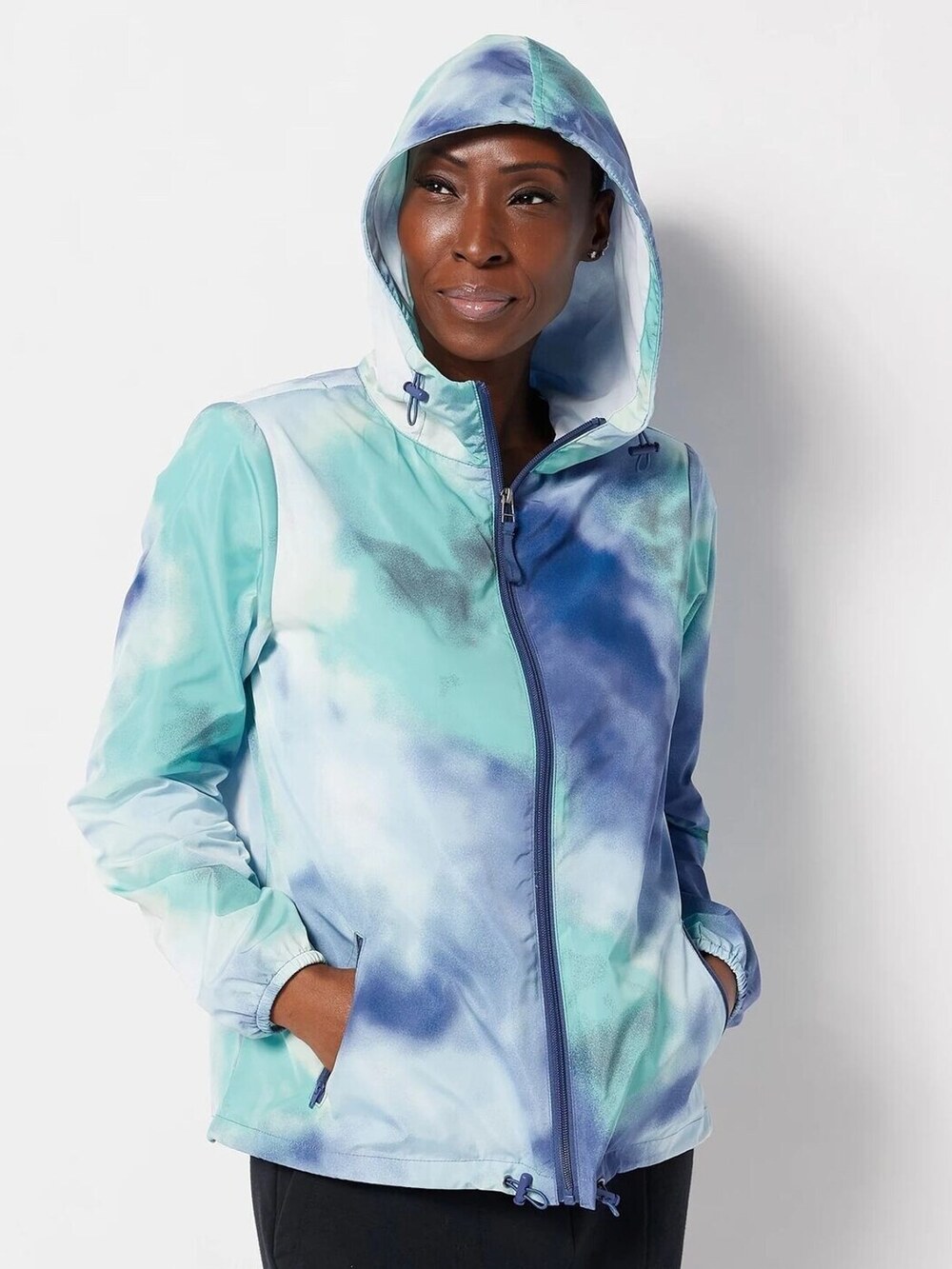 Centigrade Water Resistant Packable Hooded Zip Jacket Turq TieDye Women's Small